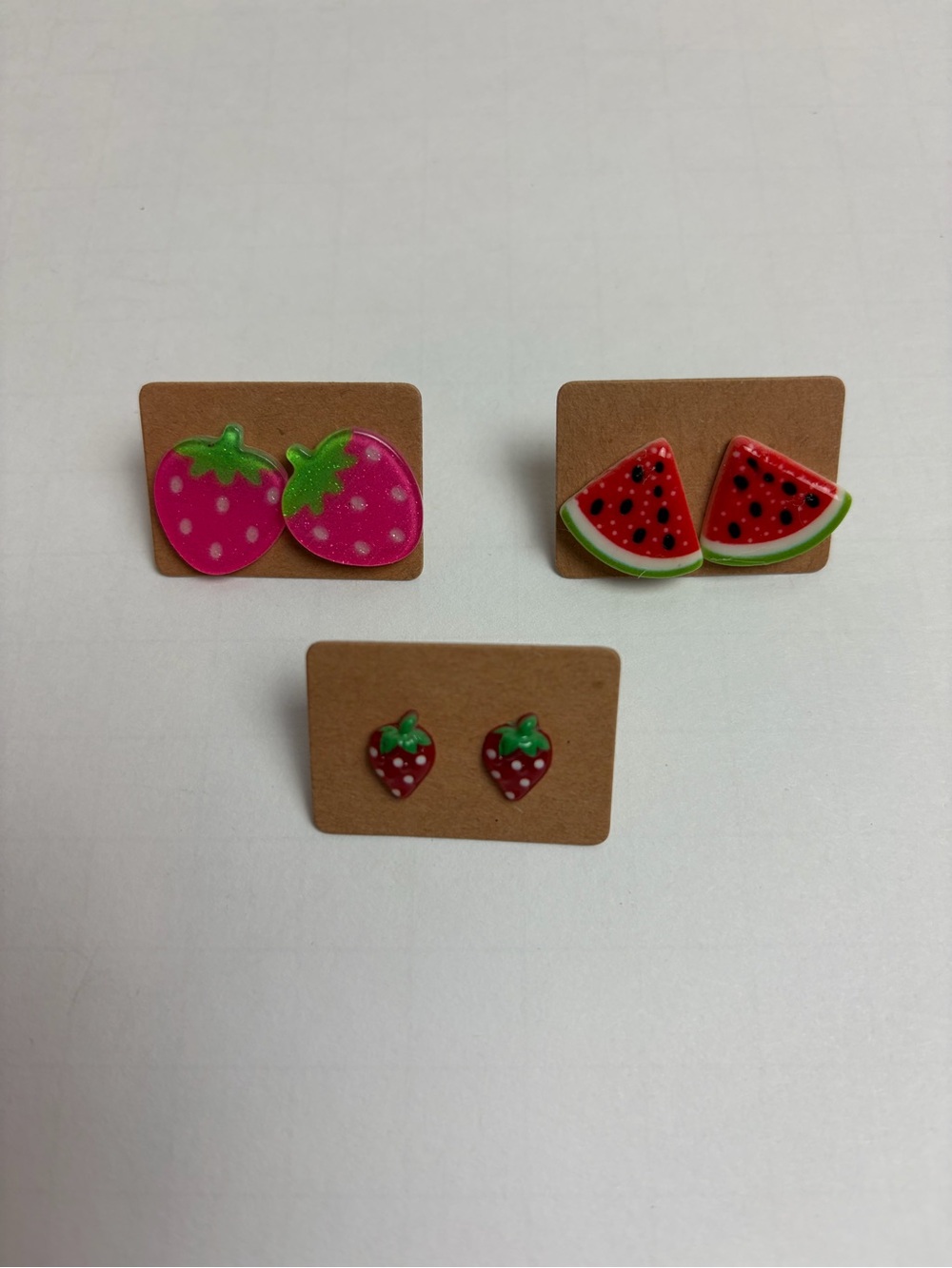 Fruit Stud Earrings - Pink Strawberry & Red Watermelon Set